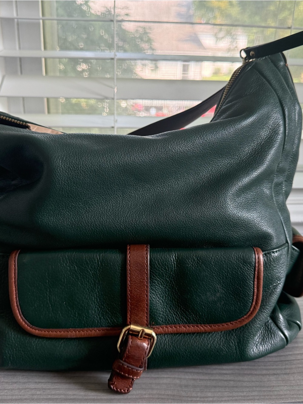 Isaac Mizrahi Dark Green Leather Messenger Bag with Brown Trim